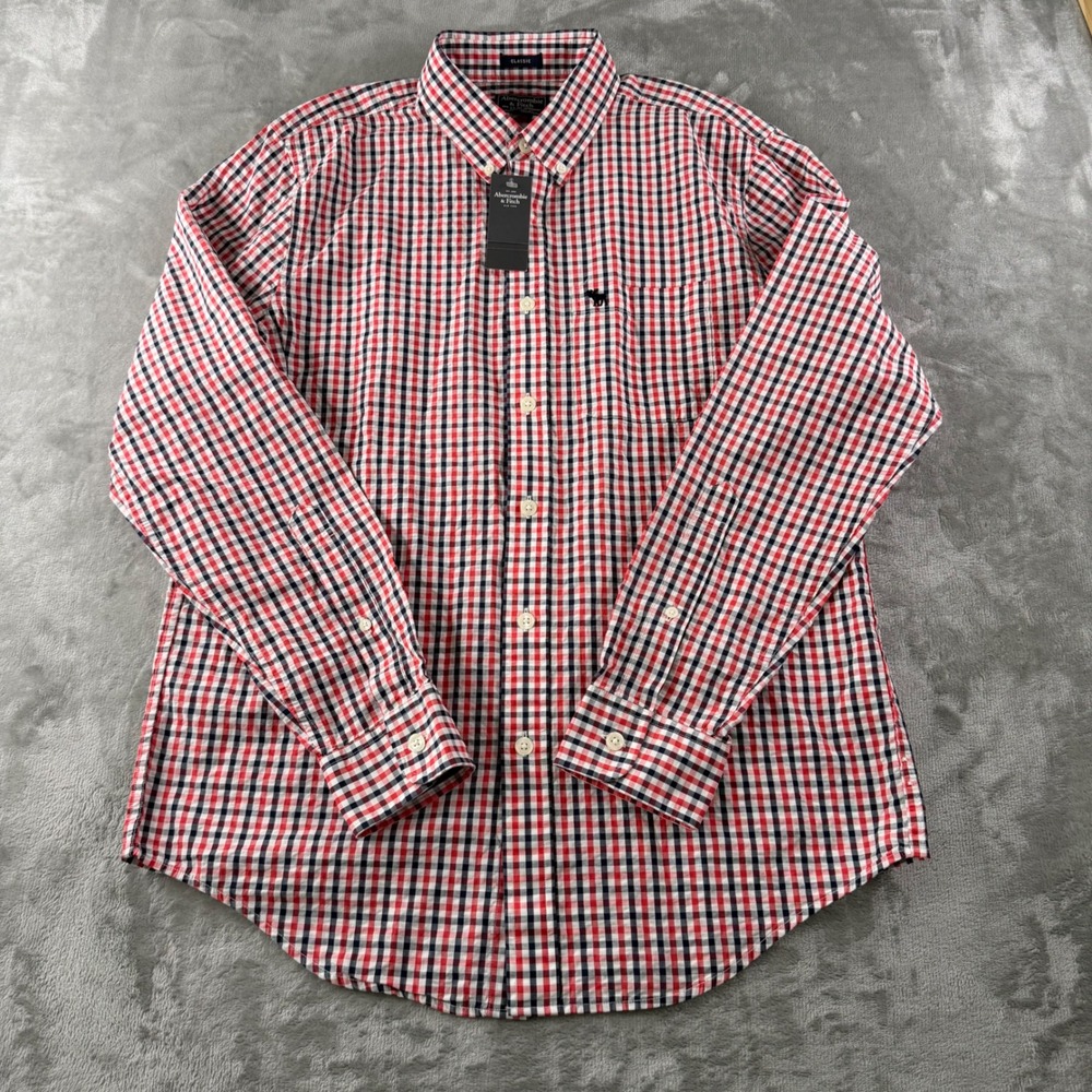 Abercrombie & Fitch Mens Medium Classic Gingham Button Down Shirt Red Navy New
